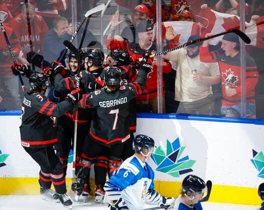 August 20, 2022, Edmonton, AB, CANADA: Canada celebrates a goal by Joshua Roy (9) during first period IIHF World Junior Hockey Championship gold medal game action against Finland in Edmonton on Saturday August 20, 2022. Mason McTavish, Joshua Roy  - ZUMAc35_ 20220820_zaf_c35_059 Copyright: xJeffxMcintoshx