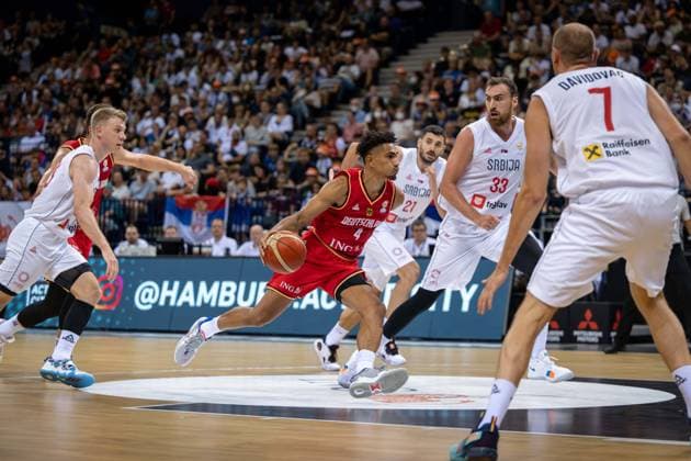 Basketball Hamburg 20 08 2022 Supercup Serbia SRB Germany GER Maodo Lo Germany, No 04 Nikola Milutinov Serbia, No 33