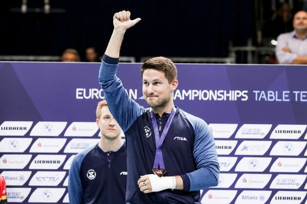 VARIOUS SPORTS - European Championships MUNICH,GERMANY,21.AUG.22 - Table tennis, Tischtennis - European Championships, men. Image shows Kristian Karlsson (SWE). Keywords: medal.  GEPAxpictures xPatrickxSteiner