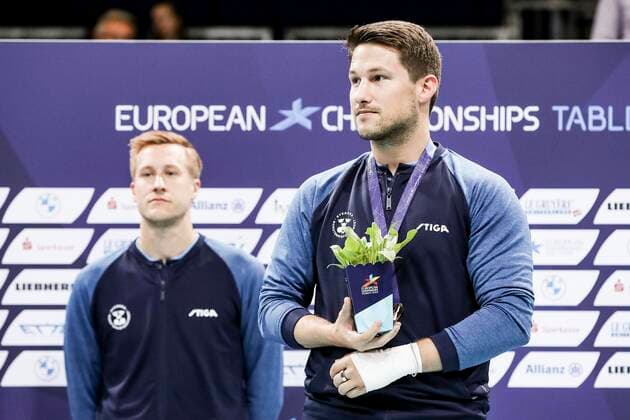 VARIOUS SPORTS - European Championships MUNICH,GERMANY,21.AUG.22 - Table tennis, Tischtennis - European Championships, men. Image shows Mattias Falck and Kristian Karlsson (SWE). Keywords: medal.  GEPAxpictures xPatrickxSteiner