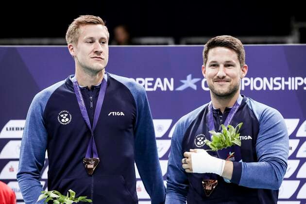 VARIOUS SPORTS - European Championships MUNICH,GERMANY,21.AUG.22 - Table tennis, Tischtennis - European Championships, men. Image shows Mattias Falck and Kristian Karlsson (SWE). Keywords: medal.  GEPAxpictures xPatrickxSteiner