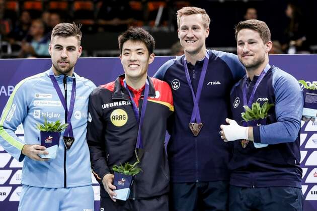 VARIOUS SPORTS - European Championships MUNICH,GERMANY,21.AUG.22 - Table tennis, Tischtennis - European Championships, men. Image shows Darko Jorgic (SLO), Dang Qiu (GER), Mattias Falck and Kristian Karlsson (SWE). Keywords: medal.  GEPAxpictures xPatrickxSteiner