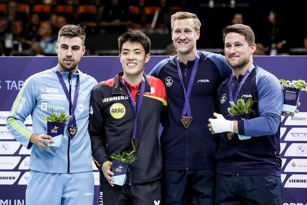 VARIOUS SPORTS - European Championships MUNICH,GERMANY,21.AUG.22 - Table tennis, Tischtennis - European Championships, men. Image shows Darko Jorgic (SLO), Dang Qiu (GER), Mattias Falck and Kristian Karlsson (SWE). Keywords: medal.  GEPAxpictures xPatrickxSteiner