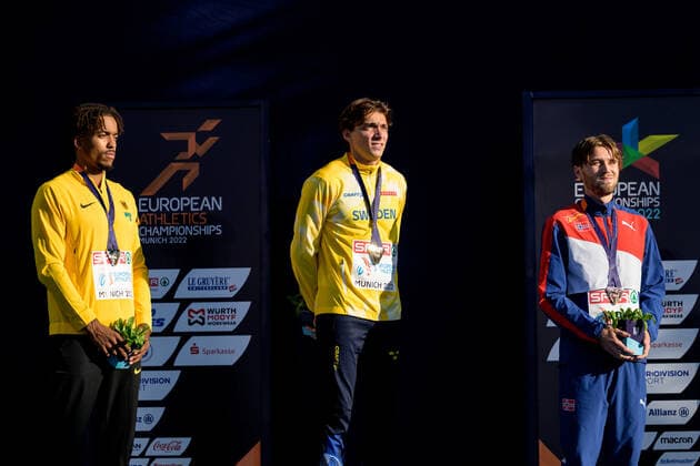 220821 Bo Kanda Lita Bahre of Germany, Armand Duplantis of Sweden and Pal Haugen Lillefosse of Norway celebrate at the medal ceremony for men?s pole vault during day 11 of the European Championships on August 21, 2022 in Munich Photo Vegard Grott BILDBYRAN code VG VG0339 athletics athletics european championship em em 2022 european championships munich 2022 munchen em day 11 bbeng jubilation celebration em gold pole vault pole vault sweden norge sweden norway,  Copyright: VEGARDxGRoTT BB220821VG020