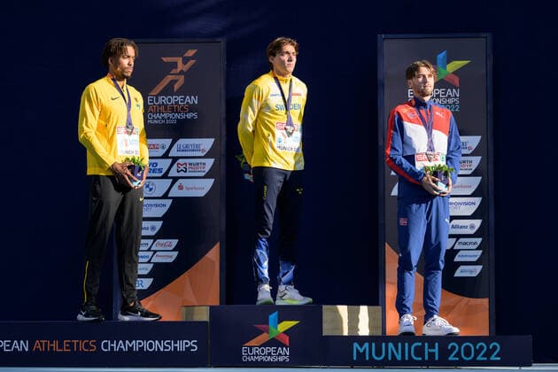 220821 Bo Kanda Lita Bahre of Germany, Armand Duplantis of Sweden and Pal Haugen Lillefosse of Norway celebrate at the medal ceremony for men?s pole vault during day 11 of the European Championships on August 21, 2022 in Munich Photo Vegard Grott BILDBYRAN code VG VG0339 athletics athletics european championship em em 2022 european championships munich 2022 munchen em day 11 bbeng jubilation celebration em gold pole vault pole vault sweden norge sweden norway,  Copyright: VEGARDxGRoTT BB220821VG021
