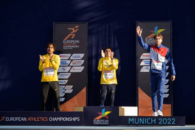 220821 Bo Kanda Lita Bahre of Germany, Armand Duplantis of Sweden and Pal Haugen Lillefosse of Norway celebrate at the medal ceremony for men?s pole vault during day 11 of the European Championships on August 21, 2022 in Munich. Photo: Vegard Grott BILDBYRAN kod VG VG0339 friidrott athletics friidrett europamästerskap em em 2022 european championships munich 2022 munchen-em day 11 bbeng jubel celebration em-guld stavhopp pole vault sverige norge sweden norway  Copyright: VEGARDxGRoTT BB220821VG023
