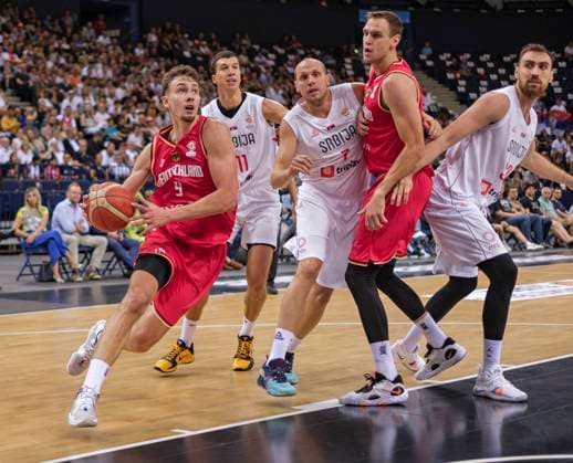 Franz Jacob Wagner GER , Vladimir Lucic SRB , Dejan Davidovac SRB ,Johannes Voigtmann GER , Nikola Milutinov SRB 20 08 22, Hamburg, Germany vs Serbia, FIBA, DBB, Basketball Supercup 2022 Â
