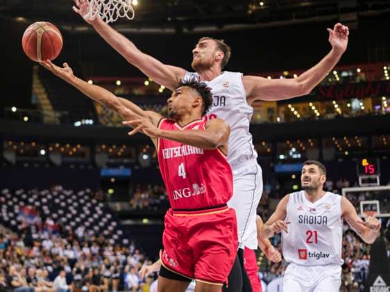Maodo Lo GER , Nikola Milutinov SRB 20 08 22, Hamburg, Germany vs Serbia, FIBA, DBB, Basketball Supercup 2022 Â