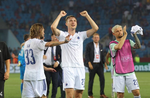FC Copenhagen players Rasmus Falk 33, Valdemar Lund Jensen 27 , Peter Ankersen 22 celebrates qualifying to the UEFA Champions League with their fans after the UEFA Champions League Play-Off second leg match between Trabzonspor and FC Copenhagen at Senol Gunes Spor Kompleksi Medical Park Stadium in Trabzon, Turkey on August 24, 2022. ( Photo by Seskimphoto ) Trabzonspor v FC Copenhagen - Champions League Play-off second leg 