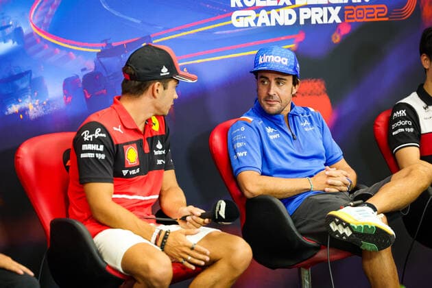 LECLERC Charles (mco), Scuderia Ferrari F1-75, ALONSO Fernando (spa), Alpine F1 Team A522, portrait during the Formula 1 Rolex Belgian Grand Prix 2022, 14th round of the 2022 FIA Formula One World Championship, WM, Weltmeisterschaft from August 26 to 28, 2022 on the Circuit de Spa-Francorchamps, in Francorchamps, Belgium - F1 - BELGIAN GRAND PRIX 2022 DPPI Panoramic  20220825_GOOD2691
