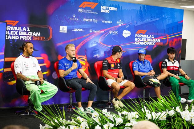 press conference, PK, Pressekonferenz HAMILTON Lewis (gbr), Mercedes AMG F1 Team W13, MAGNUSSEN Kevin (den), Haas F1 Team VF-22 Ferrari, LECLERC Charles (mco), Scuderia Ferrari F1-75, ALONSO Fernando (spa), Alpine F1 Team A522, ZHOU Guanyu (chi), Alfa Romeo F1 Team ORLEN C42, portrait during the Formula 1 Rolex Belgian Grand Prix 2022, 14th round of the 2022 FIA Formula One World Championship, WM, Weltmeisterschaft from August 26 to 28, 2022 on the Circuit de Spa-Francorchamps, in Francorchamps, Belgium - F1 - BELGIAN GRAND PRIX 2022 DPPI Panoramic  20220825_GOOD2697