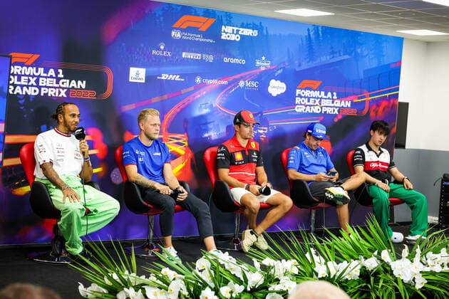 press conference, PK, Pressekonferenz HAMILTON Lewis (gbr), Mercedes AMG F1 Team W13, MAGNUSSEN Kevin (den), Haas F1 Team VF-22 Ferrari, LECLERC Charles (mco), Scuderia Ferrari F1-75, ALONSO Fernando (spa), Alpine F1 Team A522, ZHOU Guanyu (chi), Alfa Romeo F1 Team ORLEN C42, portrait during the Formula 1 Rolex Belgian Grand Prix 2022, 14th round of the 2022 FIA Formula One World Championship, WM, Weltmeisterschaft from August 26 to 28, 2022 on the Circuit de Spa-Francorchamps, in Francorchamps, Belgium - F1 - BELGIAN GRAND PRIX 2022 DPPI Panoramic  20220825_GOOD2711