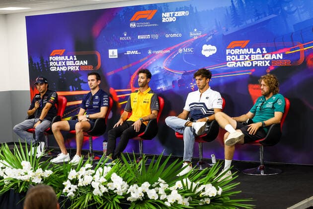 PEREZ Sergio (mex), Red Bull Racing RB18, LATIFI Nicholas (can), Williams Racing FW44, RICCIARDO Daniel (aus), McLaren F1 Team MCL36, GASLY Pierre (fra), Scuderia AlphaTauri AT03, VETTEL Sebastian (ger), Aston Martin F1 Team AMR22, portrait during the Formula 1 Rolex Belgian Grand Prix 2022, 14th round of the 2022 FIA Formula One World Championship, WM, Weltmeisterschaft from August 26 to 28, 2022 on the Circuit de Spa-Francorchamps, in Francorchamps, Belgium - F1 - BELGIAN GRAND PRIX 2022 DPPI Panoramic  20220825_GOOD2805