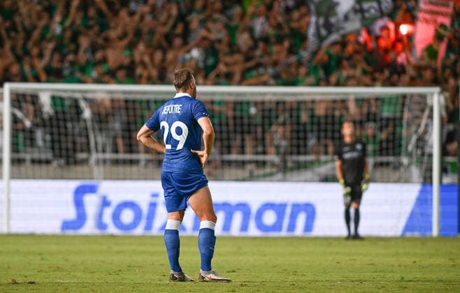 Gent s Laurent Depoitre looks dejected during a soccer game between Cypriot Omonia Nicosia and Belgian KAA Gent in Nicosia, Cyprus on Thursday 25 August 2022, the return leg of the play-offs for the UEFA Europa League competition. DAVIDxCATRY  x40931823x