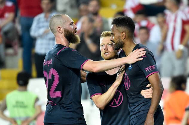 220825 Jo Inge Berget, Anders Christiansen and Isaac Kiese Thelin of Malmö FF celebrate after 0 2 scored by Isaac Kiese Thelin during the UEFA Europa League play off match between Sivasspor and Malmö FF on August 25, 2022 in Sivas Photo Christian Örnberg BILDBYRAN COP 166 CO0221 football football soccer fotball uefa europa league play off sivasspor malmö ff bbeng jubel,  Copyright: CHRISTIANxÖRNBERG BB220825CO060