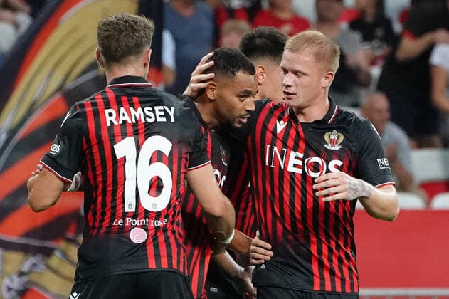 Joie - Alexis Claude Maurice (OGC Nice) - Rares Ilie (OGC Nice) - Mario Lemina (OGC Nice) - Melvin Bard (OGC Nice) - Jean Clair Todibo (OGC Nice) - Aaron Ramsey (OGC Nice) FOOTBALL : OGC Nice vs Maccabi Tel Aviv - Barrage retour de confÃ rence Ligue - Nice - 25 08 2022 NorbertScanella Panoramic 