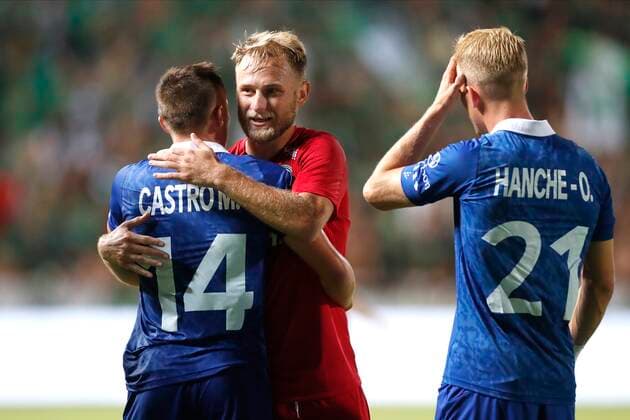 NICOSIA, CYPRUS - AUGUST 25 : Castro-Montes Alessio midfielder of KAA Gent - Bezus Roman forward of Omonia during the UEFA Europa Conference league Fourth Qualifying Round match second leg between Omonia Nicosia and Kaa Gent on august 25, 2022 in Nicosia, Cyprus, 25 08 2022 ( Omonia Nicosia v Kaa Gent - Conference League PhotoNews Panoramic 
