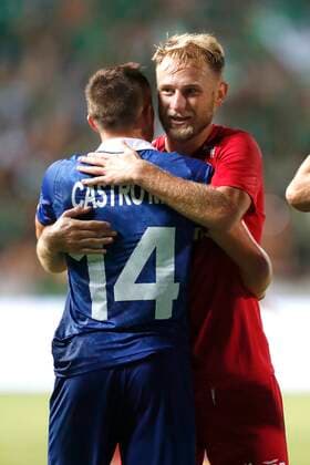 NICOSIA, CYPRUS - AUGUST 25 : Castro-Montes Alessio midfielder of KAA Gent - Bezus Roman forward of Omonia during the UEFA Europa Conference league Fourth Qualifying Round match second leg between Omonia Nicosia and Kaa Gent on august 25, 2022 in Nicosia, Cyprus, 25 08 2022 ( Omonia Nicosia v Kaa Gent - Conference League PhotoNews Panoramic 