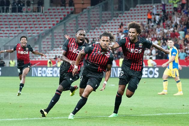 Joie - Alexis Beka Beka (OGC Nice) - Pablo Rosario (OGC Nice) - Calvin Stengs (OGC Nice) FOOTBALL : OGC Nice vs Maccabi Tel Aviv - Barrage retour de confÃ rence Ligue - Nice - 25 08 2022 NorbertScanella Panoramic 
