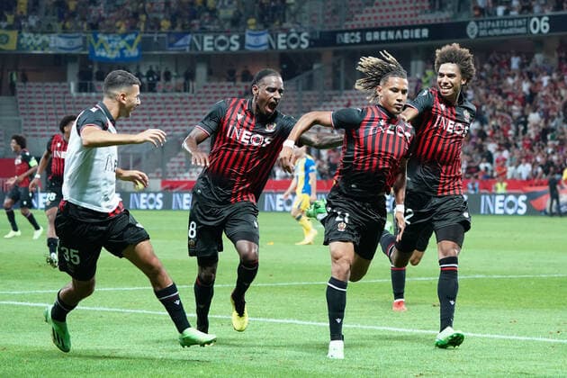 Joie - Alexis Beka Beka (OGC Nice) - Pablo Rosario (OGC Nice) - Calvin Stengs (OGC Nice) FOOTBALL : OGC Nice vs Maccabi Tel Aviv - Barrage retour de confÃ rence Ligue - Nice - 25 08 2022 NorbertScanella Panoramic 