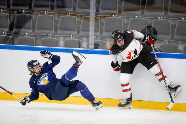 Krista Parkkonen 14, FIN, Jessie Eldridge 9, CAN during 2022 IIHF Ice hockey, Eishockey Women s World Championship, WM, Weltmeisterschaft match between Finland and Canada at the Kivk Arena on 25. August 2022 in Herning, Denmark. (Tomi Hänninen Newspix24)  Copyright: xTomixHänninenx np24_3TH4015