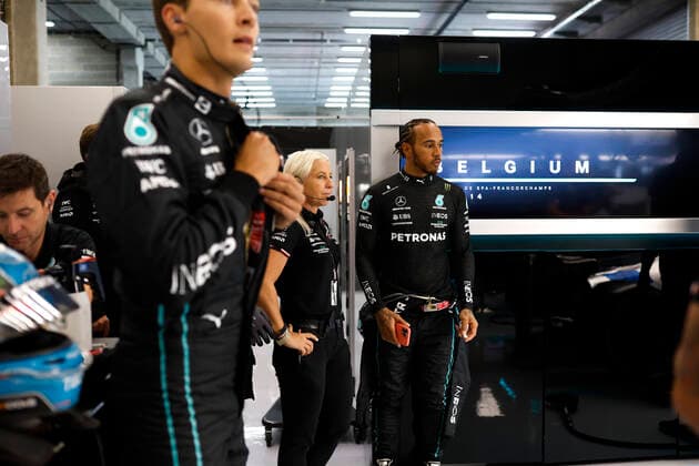 63 George Russell GBR, Mercedes AMG Petronas F1 Team , 44 Lewis Hamilton GBR, Mercedes AMG Petronas F1 Team , F1 Grand Prix of Belgium at Circuit de Spa Francorchamps on August 26, 2022 in Spa Francorchamps, Belgium Photo by HOCH ZWEI Spa Francorchamps Belgium