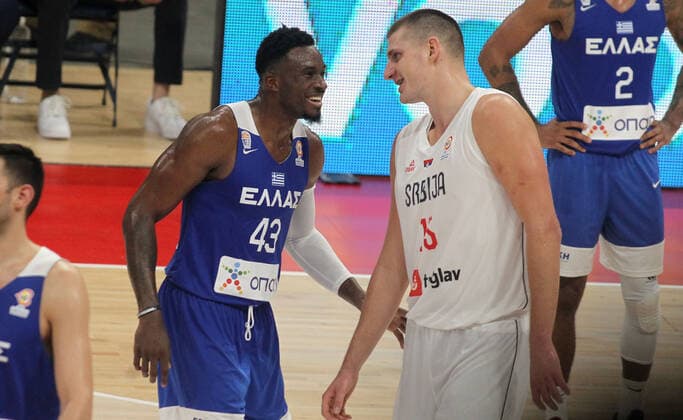 25.08.2022 Belgrade(Serbia) Serbia-Greece men s basketball FIBA world cup 2023 European qualifiers Giannis Antetokounmpo(L) Greece, Nikola Jokic(R) Serbia :