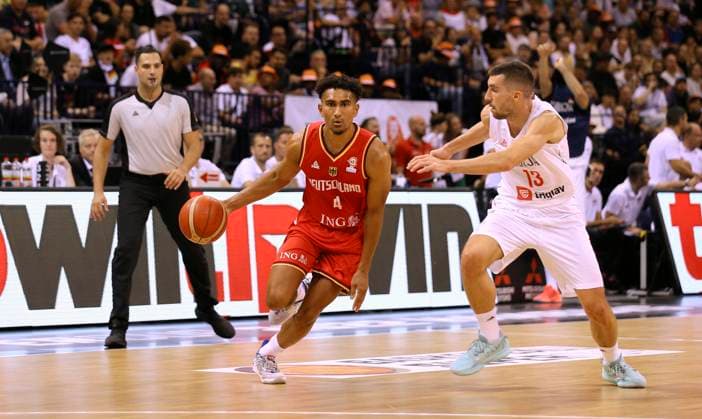 Photo on the ball Maodo LO Germany against Ognjen Dobric Basketball Supercup Sat 20 08 2022 4 Nations Cup in Hamburg Germany Serbia