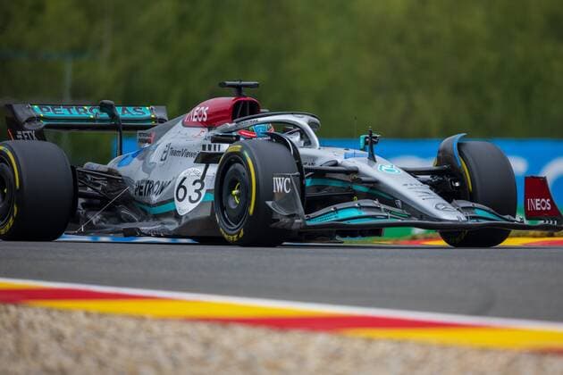 SPA-FRANCORCHAMPS, BELGIUM - AUGUST 26 : Russell- Mercedes during the F1 race of the Belgian Formula One Grand Prix Spa Francorchamps on August 26, 2022 in Spa-Francorchamps, Belgium, 26 08 2022 ( Belgian Grand Prix Formula One 2022 PhotoNews Panoramic 