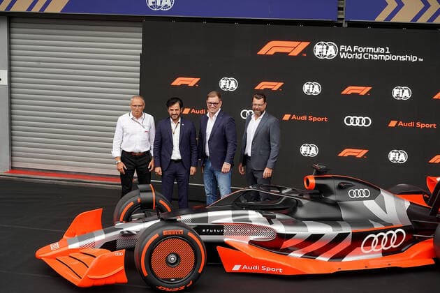 26 08 2022, Circuit de Spa Francorchamps, Spa Franchorchamps, FORMULA 1 ROLEX BELGIAN GRAND PRIX 2022 , pictured Press conference on Audis entry into Formula 1 FIA President Mohammed bin Sulayem, Audi CEO Markus Duesmann, Audi CTO Oliver Hoffmann, Formula 1 CEO Stefano Domenicali Spa Franchorchamps Circuit de Spa Francorchamps Belgium  eu-images-506