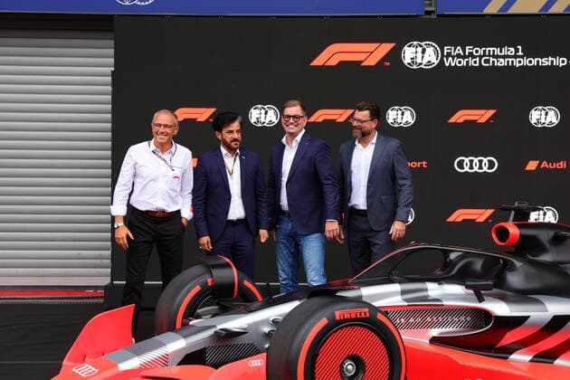 26 08 2022, Circuit de Spa Francorchamps, Spa Franchorchamps, FORMULA 1 ROLEX BELGIAN GRAND PRIX 2022 , pictured Press conference on Audis entry into Formula 1 FIA President Mohammed bin Sulayem, Audi CEO Markus Duesmann, Audi CTO Oliver Hoffmann, Formula 1 CEO Stefano Domenicali Spa Franchorchamps Circuit de Spa Francorchamps Belgium  eu-images-506