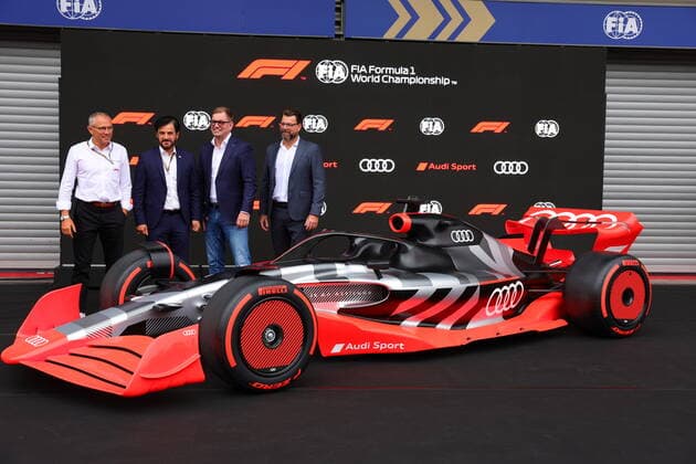 26 08 2022, Circuit de Spa Francorchamps, Spa Franchorchamps, FORMULA 1 ROLEX BELGIAN GRAND PRIX 2022 , pictured Press conference on Audis entry into Formula 1 FIA President Mohammed bin Sulayem, Audi CEO Markus Duesmann, Audi CTO Oliver Hoffmann, Formula 1 CEO Stefano Domenicali Spa Franchorchamps Circuit de Spa Francorchamps Belgium  eu-images-506