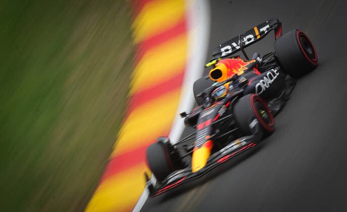 Oracle Red Bull Racing Mexican rider Sergio Perez pictured in action during the third practice session at the Grand Prix F1 of Belgium race, in Spa-Francorchamps, Saturday 27 August 2022. The Spa-Francorchamps Formula One Grand Prix takes place this weekend, from August 26th to August 28th. VIRGINIExLEFOUR  x41238330x