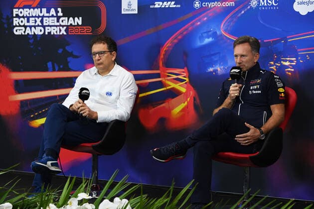 Nikolas Tombazis GRC, Single Seater Technical Director at FIA , Christian Horner GBR, Oracle Red Bull Racing , F1 Grand Prix of Belgium at Circuit de Spa Francorchamps on August 27, 2022 in Spa Francorchamps, Belgium Photo by Mark Sutton Motorsport Images DPPI via HOCH ZWEI Spa Francorchamps Belgium