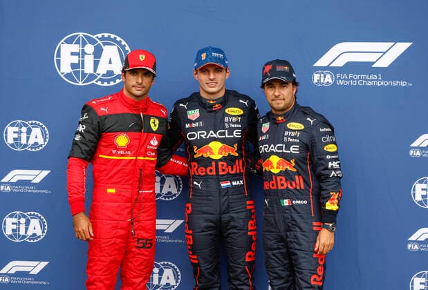 55 Carlos Sainz ESP, Scuderia Ferrari , 1 Max Verstappen NLD, Oracle Red Bull Racing , 11 Sergio Perez MEX, Oracle Red Bull Racing , F1 Grand Prix of Belgium at Circuit de Spa Francorchamps on August 27, 2022 in Spa Francorchamps, Belgium Photo by HOCH ZWEI Spa Francorchamps Belgium