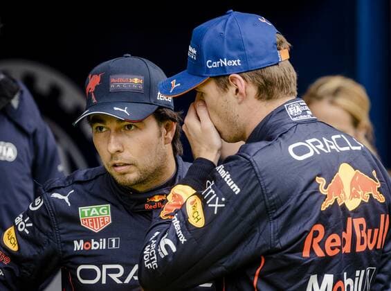SPA Sergio Perez Red Bull Racing and Max Verstappen Red Bull Racing after winning qualifying ahead of the F1 Grand Prix of Belgium at the Circuit de Spa Francorchamps on August 28, 2022 in SPA, Belgium ANP SEM VAN DER WAL F1 Grand Prix of Belgium, Qualifying 2022 xVIxANPxSportx xxANPxIVx 453589037 originalFilename: 453589037.jpg