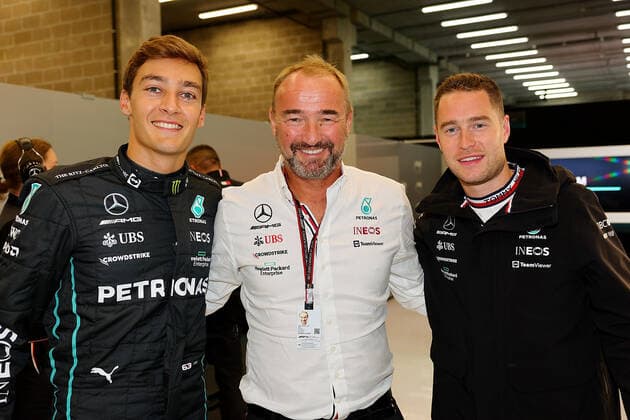 FORMULA 1 ROLEX BELGIAN GRAND PRIX 2022 27 08 2022, Circuit de Spa Francorchamps, Spa Franchorchamps, FORMULA 1 ROLEX BELGIAN GRAND PRIX 2022 , in picture George Russell GBR , Mercedes AMG Petronas Formula One Team, Mercedes AMG CEO Philipp Schiemer, Stoffel Vandorne nordphotoxGmbHx xBratic nph00250