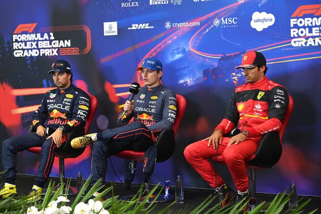 press conference, PK, Pressekonferenz PEREZ Sergio (mex), Red Bull Racing RB18, VERSTAPPEN Max (ned), Red Bull Racing RB18, SAINZ Carlos (spa), Scuderia Ferrari F1-75, portrait during the Formula 1 Rolex Belgian Grand Prix 2022, 14th round of the 2022 FIA Formula One World Championship, WM, Weltmeisterschaft from August 26 to 28, 2022 on the Circuit de Spa-Francorchamps, in Francorchamps, Belgium - F1 - BELGIAN GRAND PRIX 2022 DPPI Panoramic GP2214_164058DSC_0808 93