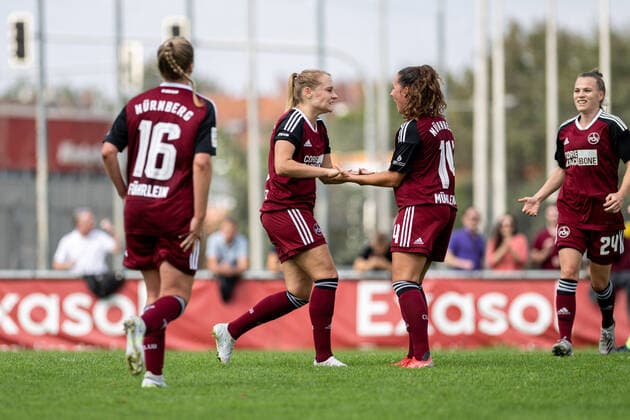 28 08 2022 Football Season 2022 2023 2 Women Football Bundesliga 1 Matchday 1 FC Nürnberg FCN Club VFL Wolfsburg II ThHa Goal celebrations Kerstin Bogenschütz Bogenschuetz 8, 1 FC Nürnberg FCN Elena Mühlemann 14, 1 FC Nürnberg FCN