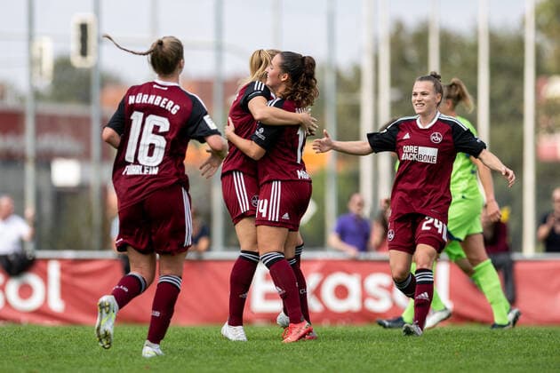28 08 2022 Football Season 2022 2023 2 Women Football Bundesliga 1 Matchday 1 FC Nürnberg FCN Club VFL Wolfsburg II ThHa Goal celebrations Kerstin Bogenschütz Bogenschuetz 8, 1 FC Nürnberg FCN Elena Mühlemann 14, 1 FC Nürnberg FCN Anne Führlein 16, 1 FC Nürnberg FCN Nastassja Lein 24, 1 FC Nürnberg FCN