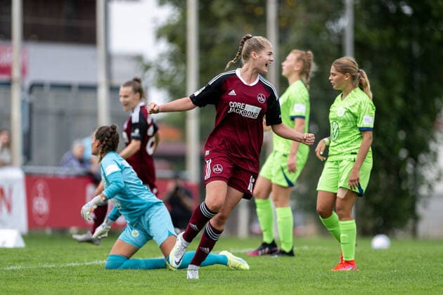 28 08 2022 football season 2022 2023 2 women football Bundesliga 1 matchday 1 FC Nürnberg FCN club VFL Wolfsburg II ThHa goal celebration joy Anne Führlein 16, 1 FC Nürnberg FCN