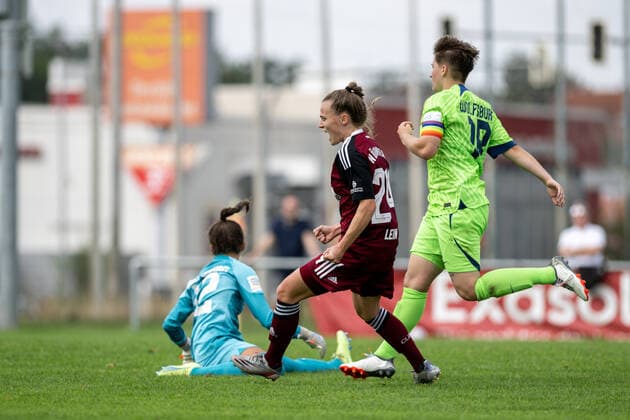 28 08 2022 football season 2022 2023 2 women football Bundesliga 1 matchday 1 FC Nürnberg FCN club VFL Wolfsburg II ThHa goal celebration joy after 3 0 by Nastassja Lein 24, 1 FC Nürnberg FCN