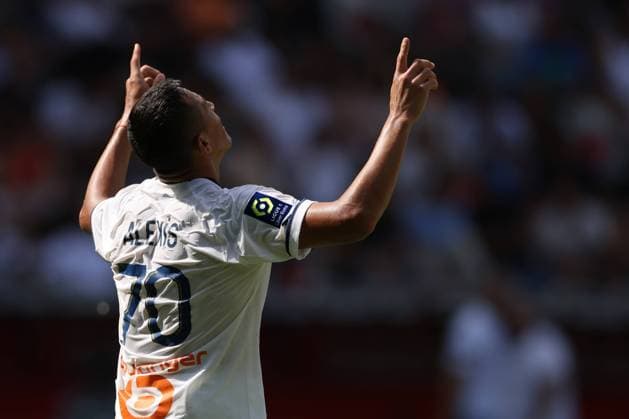 Nice, France, 28th August 2022. Alexis Sanchez of Olympique De Marseille celebrates after scoring his second goal to give the side a 3-0 lead during the Uber Eats Ligue 1 match at Allianz Riviera Stadium, Nice. Picture credit should read: Jonathan Moscrop Sportimage EDITORIAL USE ONLY. No use with unauthorised audio, video, data, fixture lists, club league logos or live services. Online in-match use limited to 120 images, no video emulation. No use in betting, games or single club league player publications. SPI-1813-0018