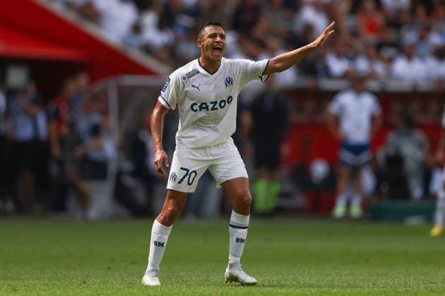 Nice, France, 28th August 2022. Alexis Sanchez of Olympique De Marseille reacts during the Uber Eats Ligue 1 match at Allianz Riviera Stadium, Nice. Picture credit should read: Jonathan Moscrop Sportimage EDITORIAL USE ONLY. No use with unauthorised audio, video, data, fixture lists, club league logos or live services. Online in-match use limited to 120 images, no video emulation. No use in betting, games or single club league player publications. SPI-1813-0019
