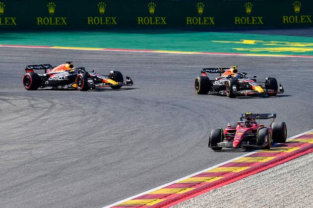 Scuderia Ferrari Spanish rider Carlos Sainz Jr., Oracle Red Bull Racing Dutch rider Max Verstappen and Oracle Red Bull Racing Mexican rider Sergio Perez pictured during the F1 Grand Prix of Belgium auto race, in Spa-Francorchamps, Sunday 28 August 2022. The Spa-Francorchamps Formula One Grand Prix takes place this weekend, from August 26th to August 28th. JONASxROOSENS  x41387616x
