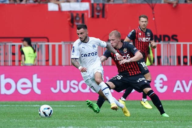 Jonathan Clauss (Olympique de Marseille) - Melvin Bard (OGC Nice) FOOTBALL : OGC Nice vs Olympique de Marseille - Ligue 1 Uber Eats - Nice - 28 08 2022 NorbertScanella Panoramic 