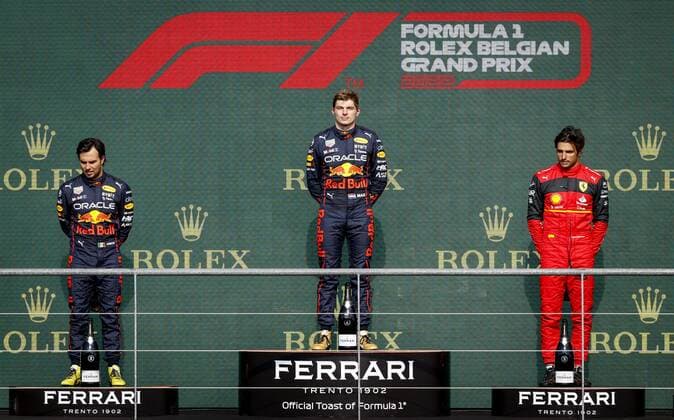 SPA Max Verstappen on the podium with Sergio Perez L and Carlos Sainz R after the F1 Grand Prix of Belgium at the Circuit de Spa Francorchamps on August 29, 2022 in SPA, Belgium ANP SEM VAN DER WAL F1 Grand Prix of Belgium 2022 xVIxANPxSportx xxANPxIVx 453632315 originalFilename: 453632315.jpg