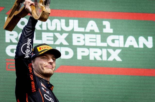 SPA Max Verstappen celebrates his victory after the F1 Grand Prix of Belgium at the Circuit of Spa Francorchamps on August 29, 2022 in SPA, Belgium REMKO DE WAAL F1 Grand Prix of Belgium 2022 xVIxANPxSportx xxANPxIVx 453632956 originalFilename: 453632956.jpg