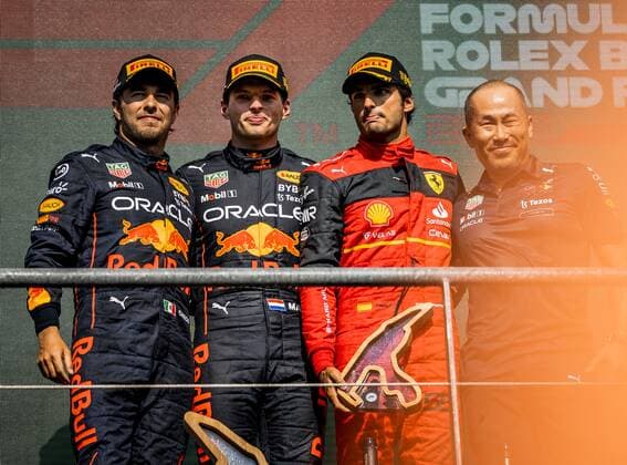 SPA VLNR Sergio Perez Oracle Red Bull Racing , Max Verstappen Oracle Red Bull Racing and Carlos Sainz Ferrari on the podium after the F1 Grand Prix of Belgium at the Spa Francorchamps circuit on August 29, 2022 in Spa, Belgium REMKO DE WAAL F1 Grand Prix of Belgium 2022 xVIxANPxSportx xxANPxIVx 453633627 originalFilename: 453633627.jpg
