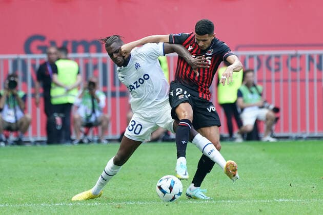 Nuno Tavares (Olympique de Marseille) - Youcef Atal (OGC Nice) FOOTBALL : OGC Nice vs Olympique de Marseille - Ligue 1 Uber Eats - Nice - 28 08 2022 NorbertScanella Panoramic 